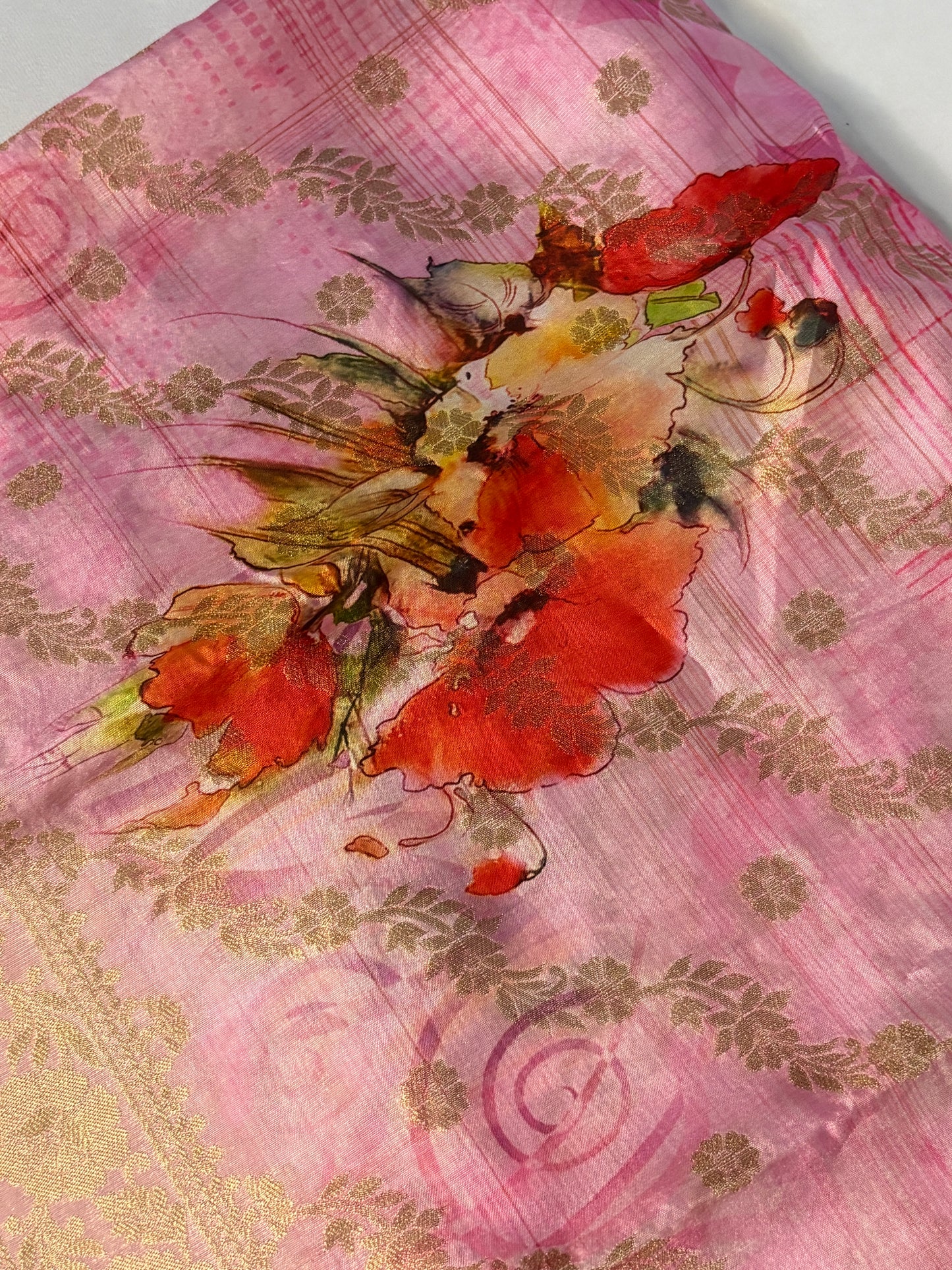 Pink Floral Digital Print Banarsi Dupatta