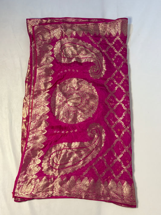 Deep Magenta with antique gold Detailing Paisley Bandhej Bandhani Dupatta