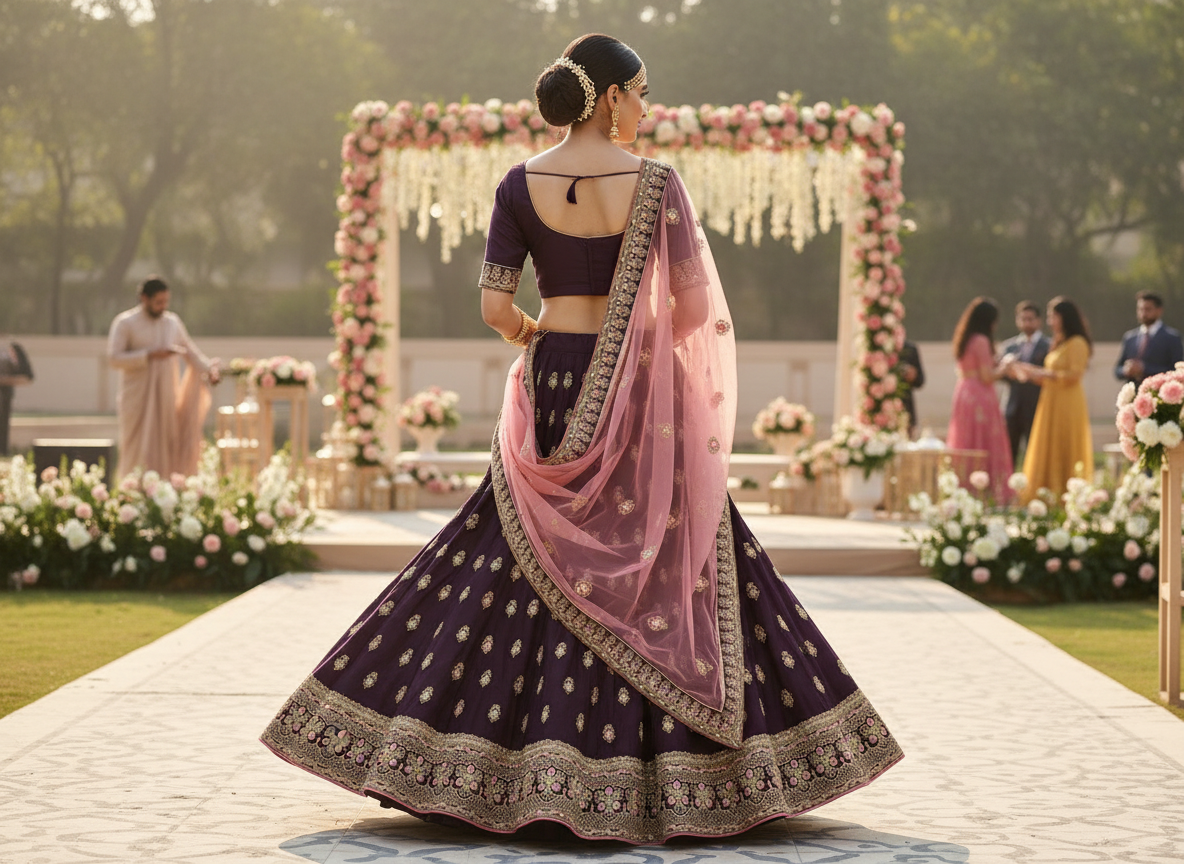 Back view of purple lehenga