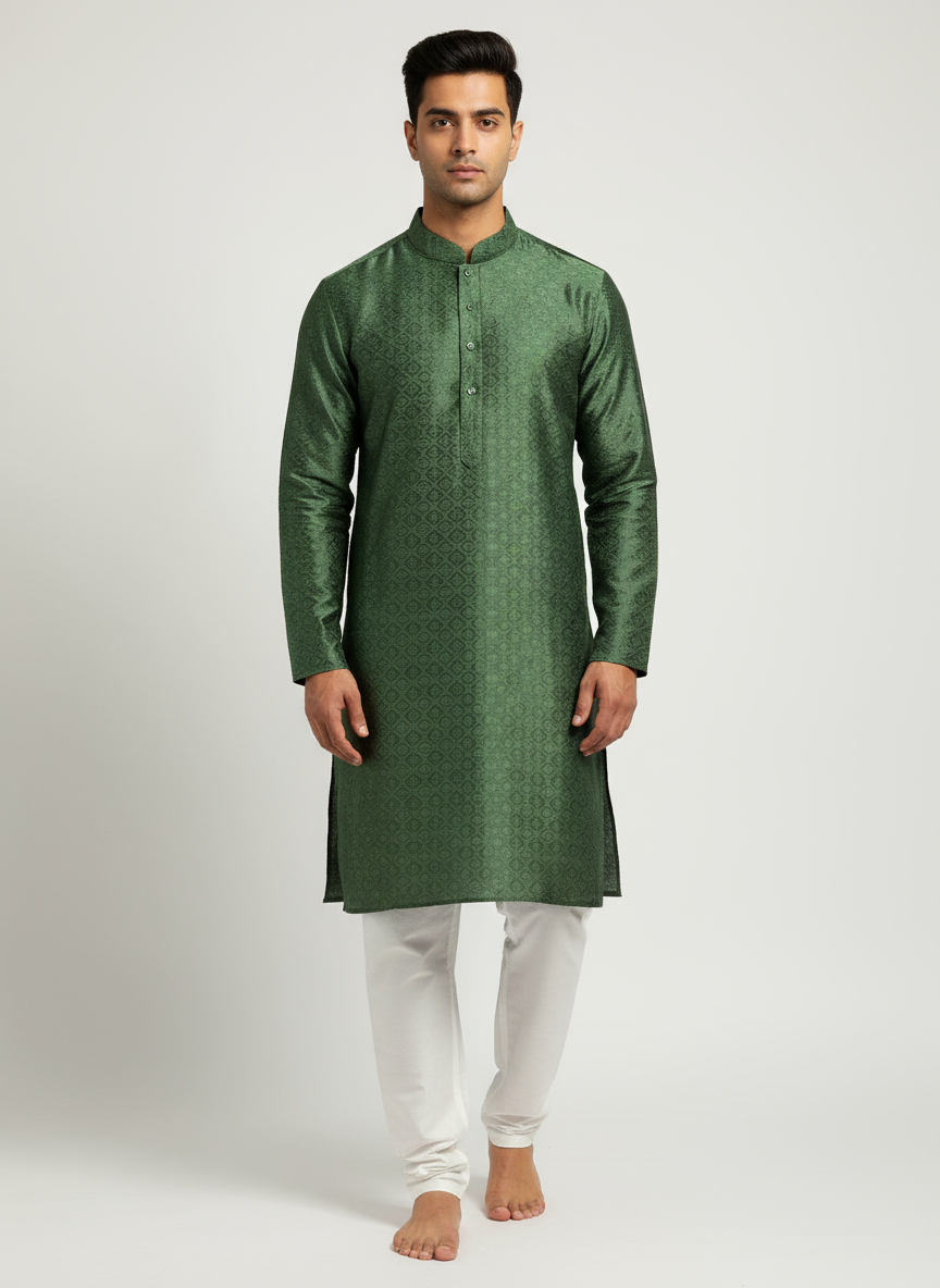 Dark Green Kurta with White Pajama on Male Model