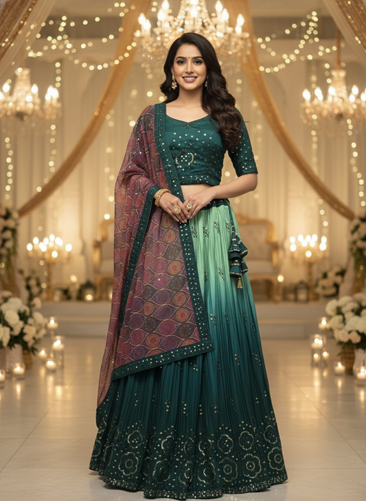 Female model wearing green lehenga at wedding