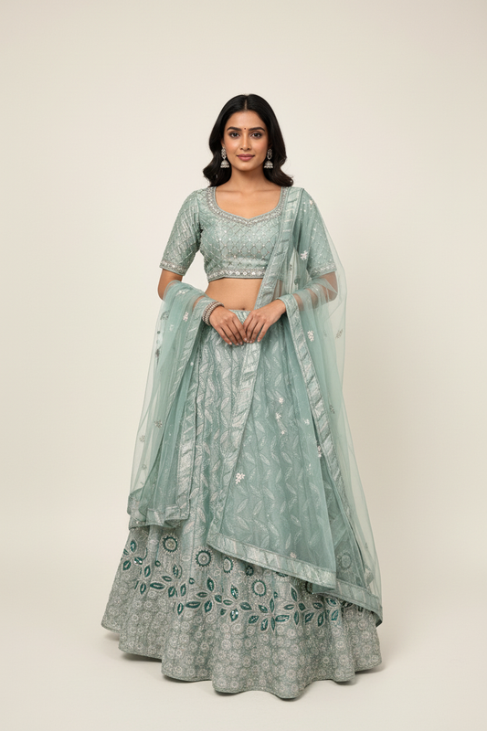 Female model wearing sage green organza lehenga ensemble