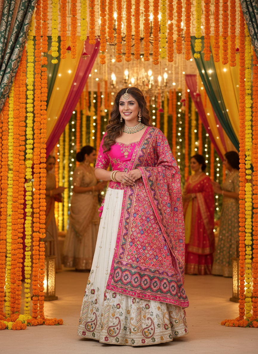 Lehenga with pink dupatta at Indian wedding