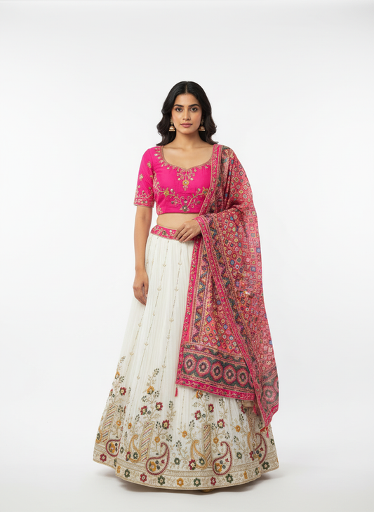 Lehenga with pink dupatta on white background