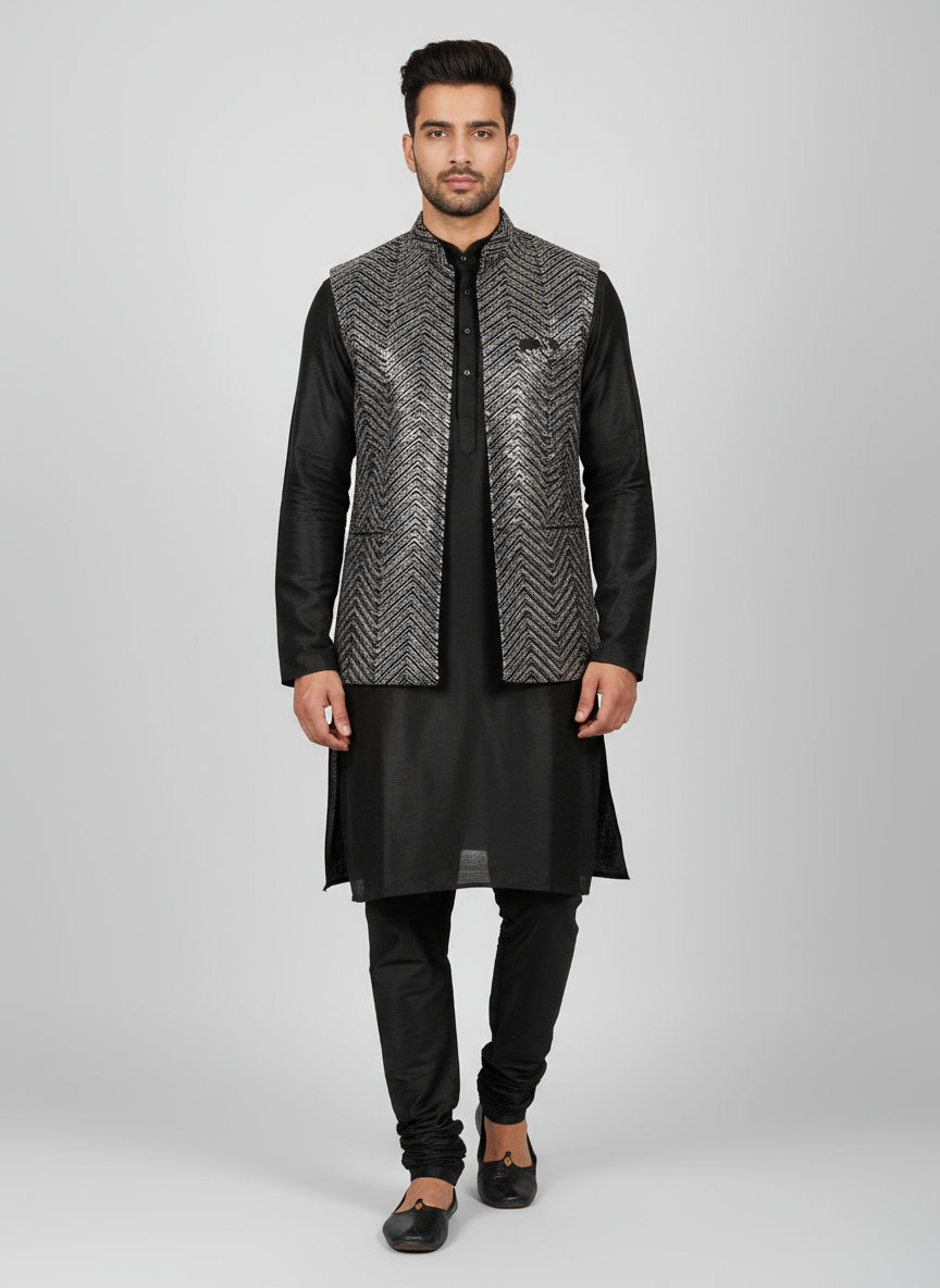 Men's Black and White Chevron Modi Jacket with Kurta Pajama