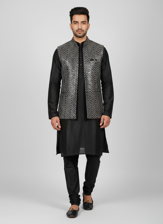 Men's Black and White Chevron Modi Jacket with Kurta Pajama