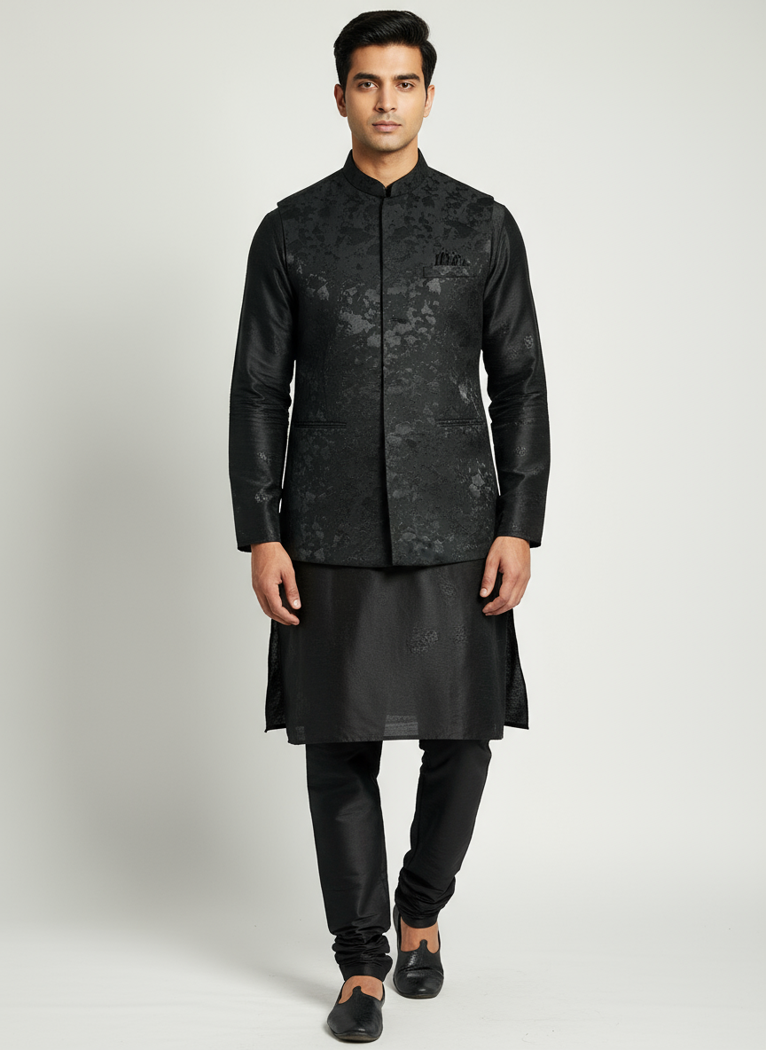 Men's Black Modi Jacket with Matching Kurta Pajama