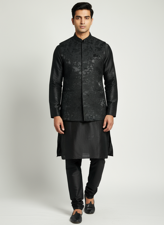 Men's Black Modi Jacket with Matching Kurta Pajama