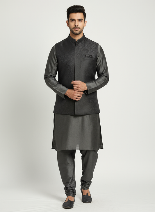 Men's Charcoal Grey Modi Jacket with Matching Kurta Pajama