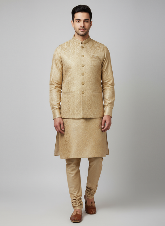 Men's Golden Beige Modi Jacket with Matching Kurta Pajama