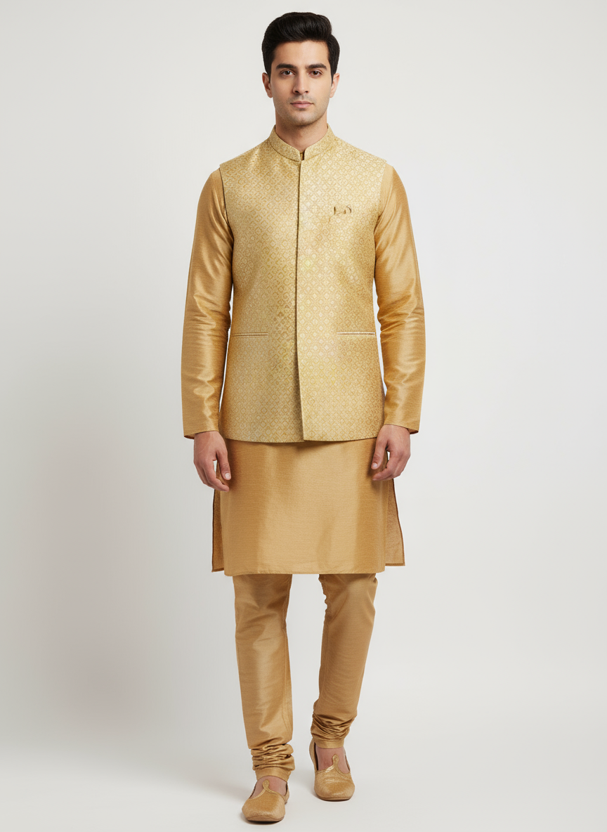 Men's Golden Modi Jacket with Plain Golden Kurta Pajama