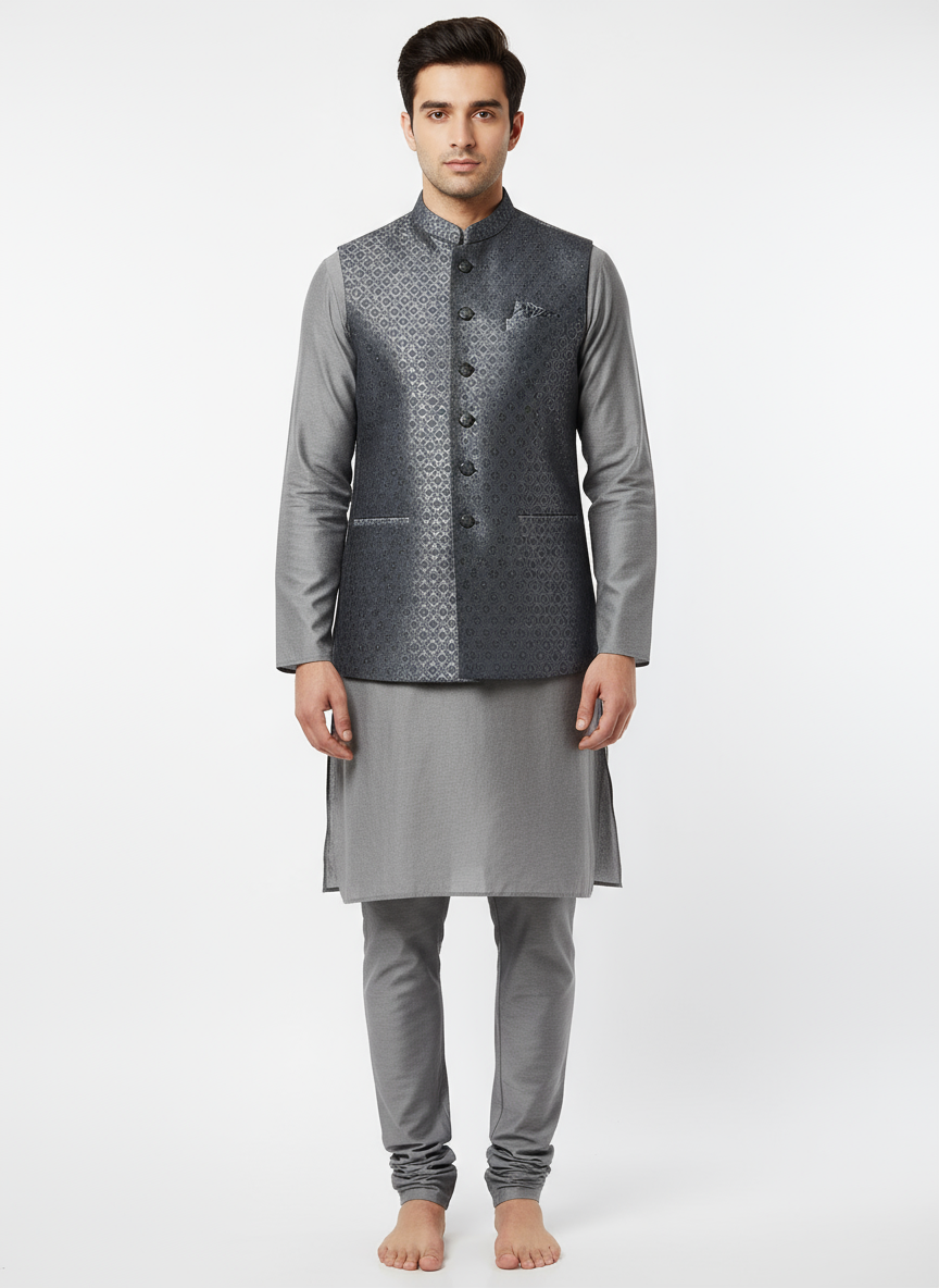 Men's Grey Modi Jacket with Plain Grey Kurta Pajama