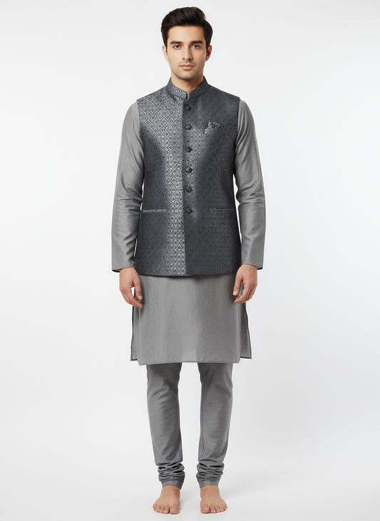 Men's Grey Modi Jacket with Plain Grey Kurta Pajama