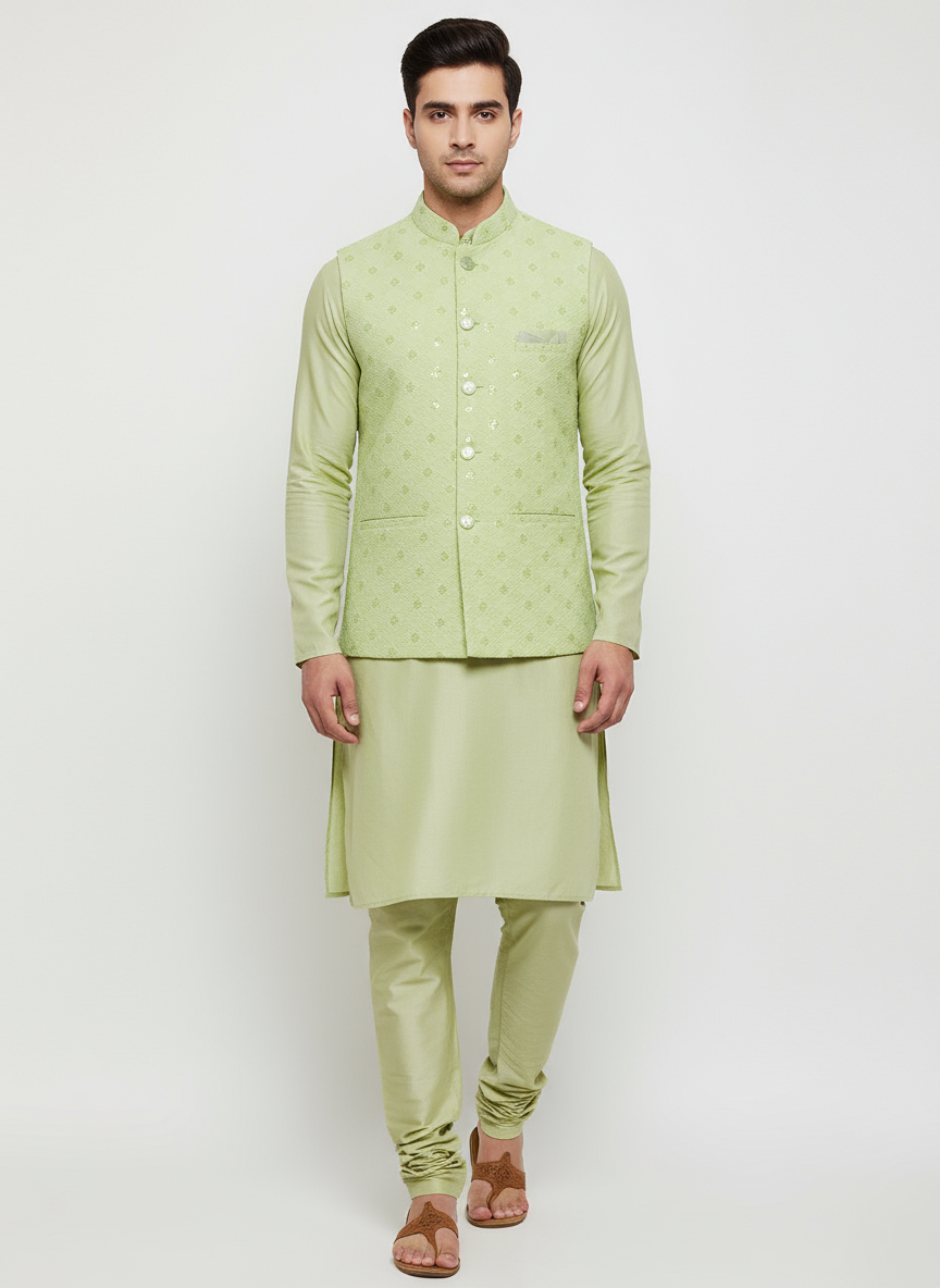 Men's Lime Green Modi Jacket with Plain Kurta Pajama