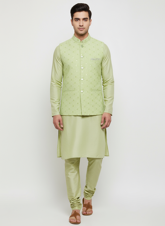 Men's Lime Green Modi Jacket with Plain Kurta Pajama