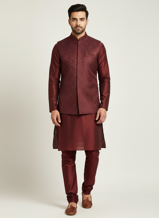 Men's Maroon Modi Jacket with Matching Kurta Pajama