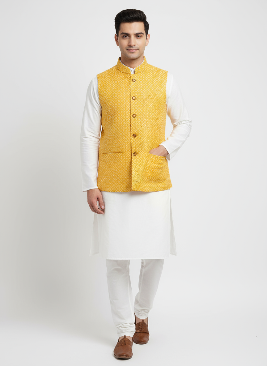 Men's Mustard Yellow Modi Jacket with Plain White Kurta Pajama
