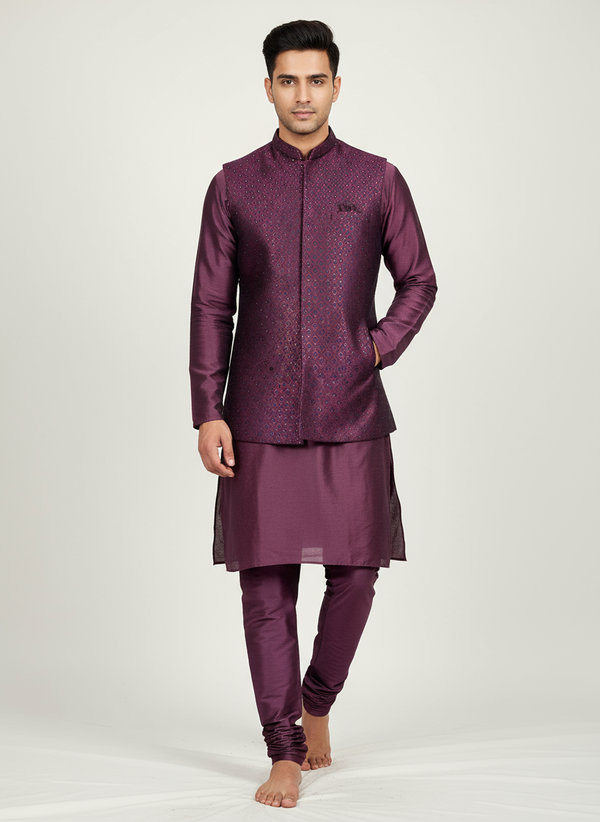 Men's Purple Modi Jacket with Matching Kurta Pajama