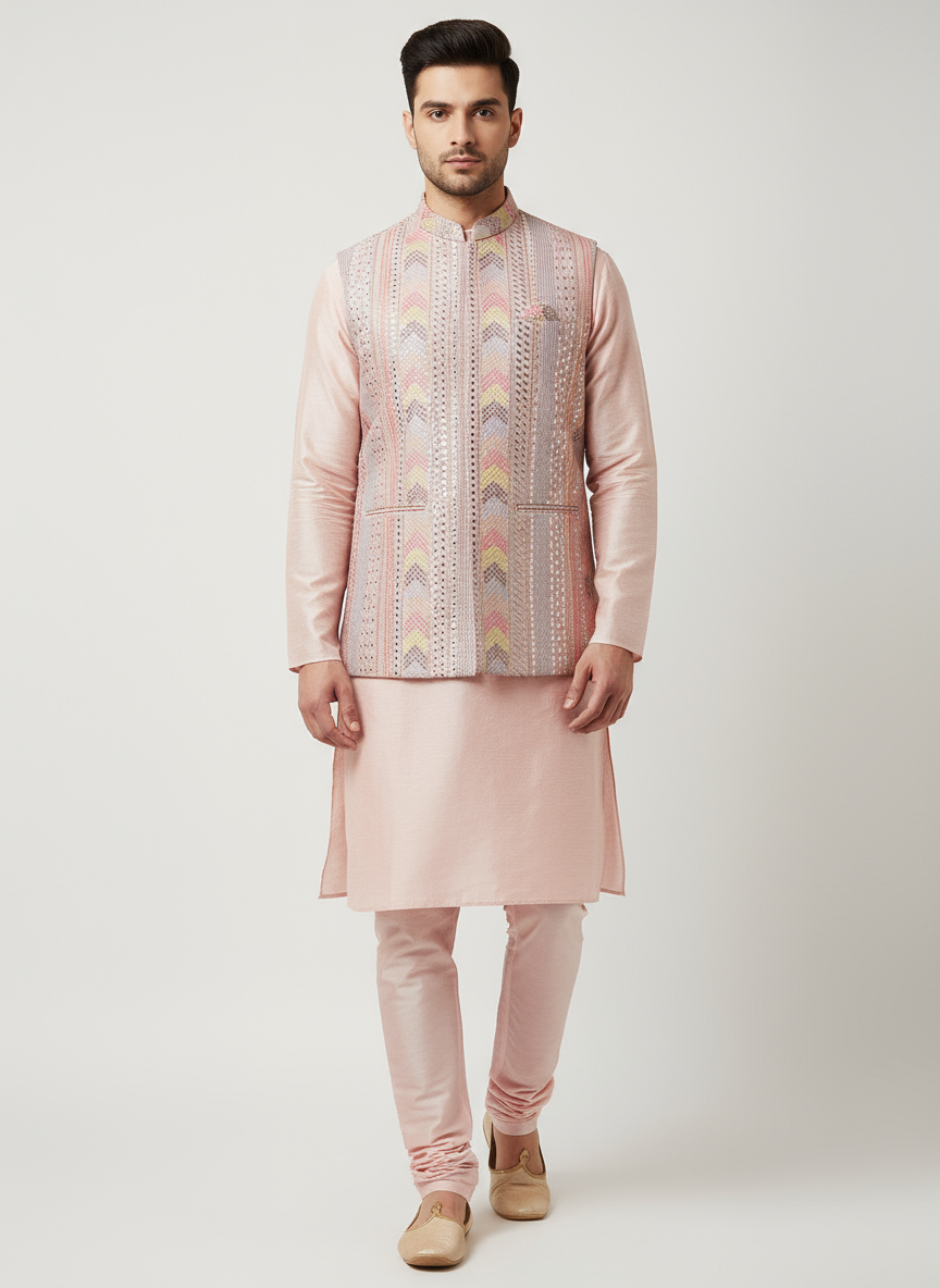 Men's Rose Modi Jacket with Light Pink Kurta Pajama