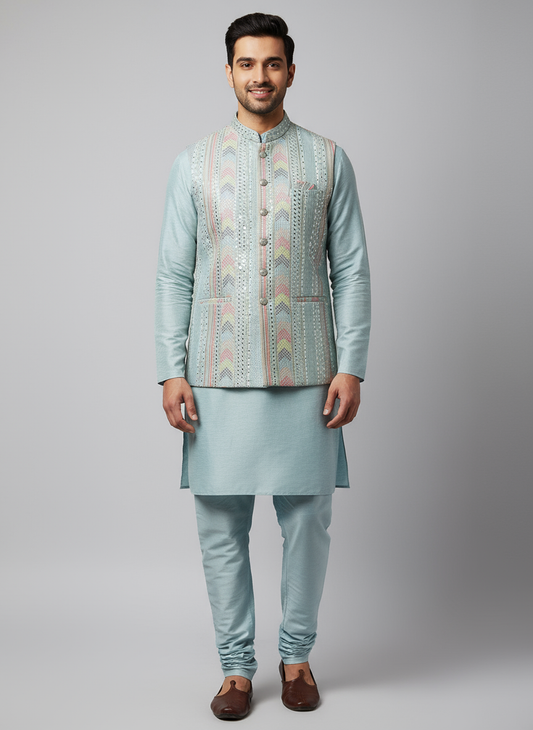 Men's Silver Modi Jacket with Light Blue Kurta Pajama