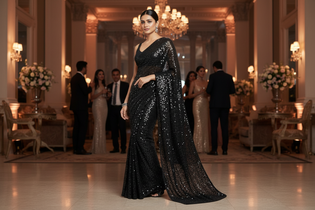 Model in black sequined saree