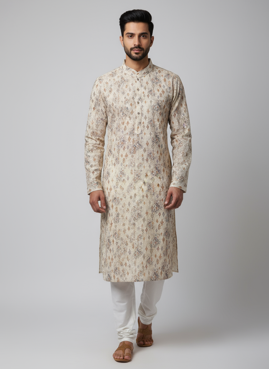 Model wearing beige Chikankari embroidered kurta with sequins and white pajama