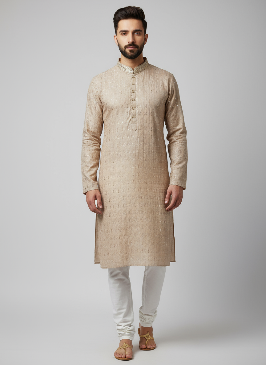 Model wearing beige sequined kurta with white pajama