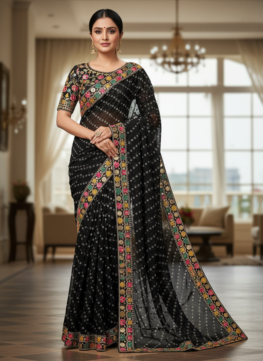 Model wearing black sequined saree