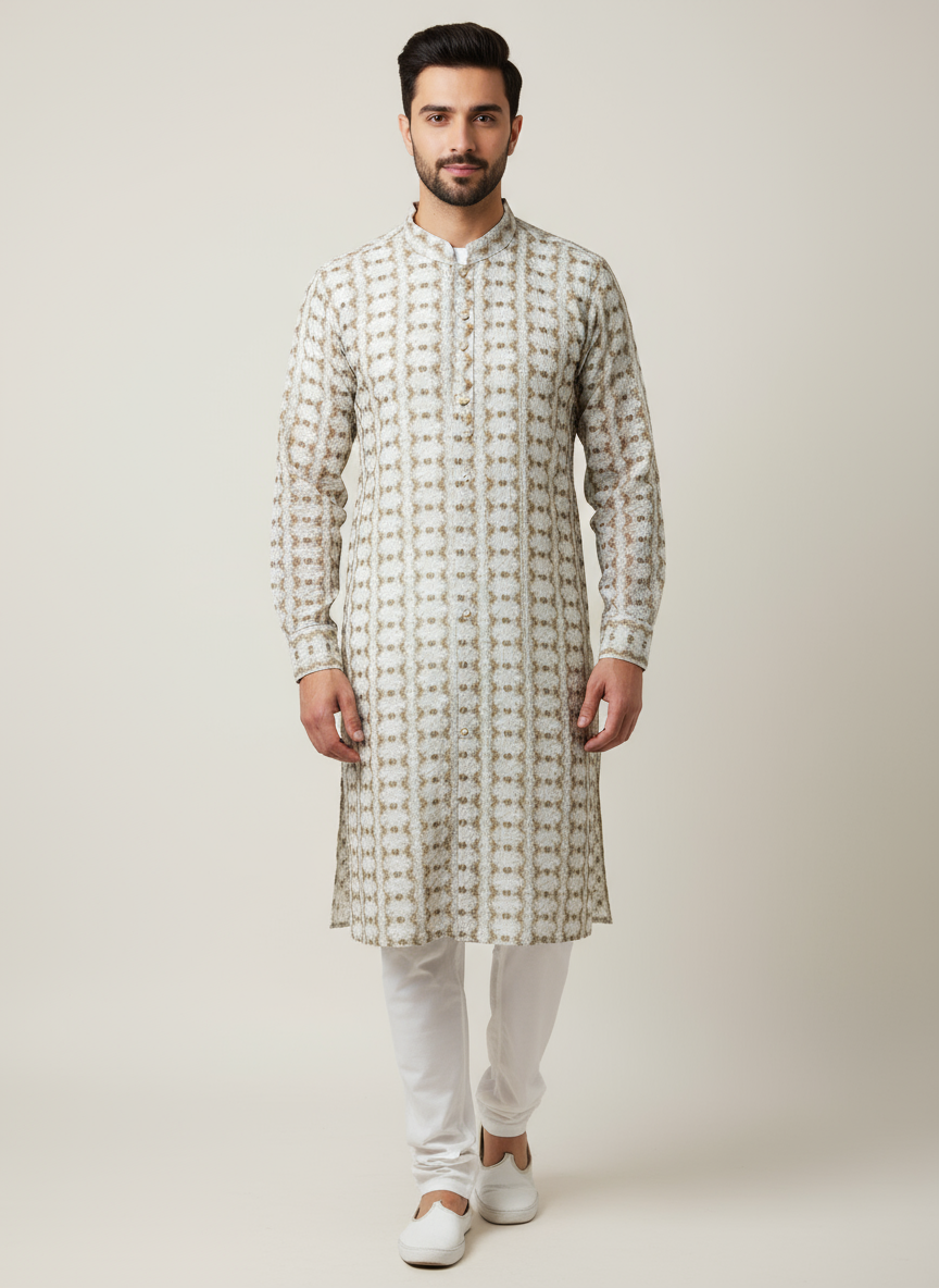 Model wearing buttoned up Chikankari kurta with white pajama