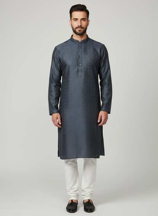 Model wearing charcoal grey textured kurta with white pajama