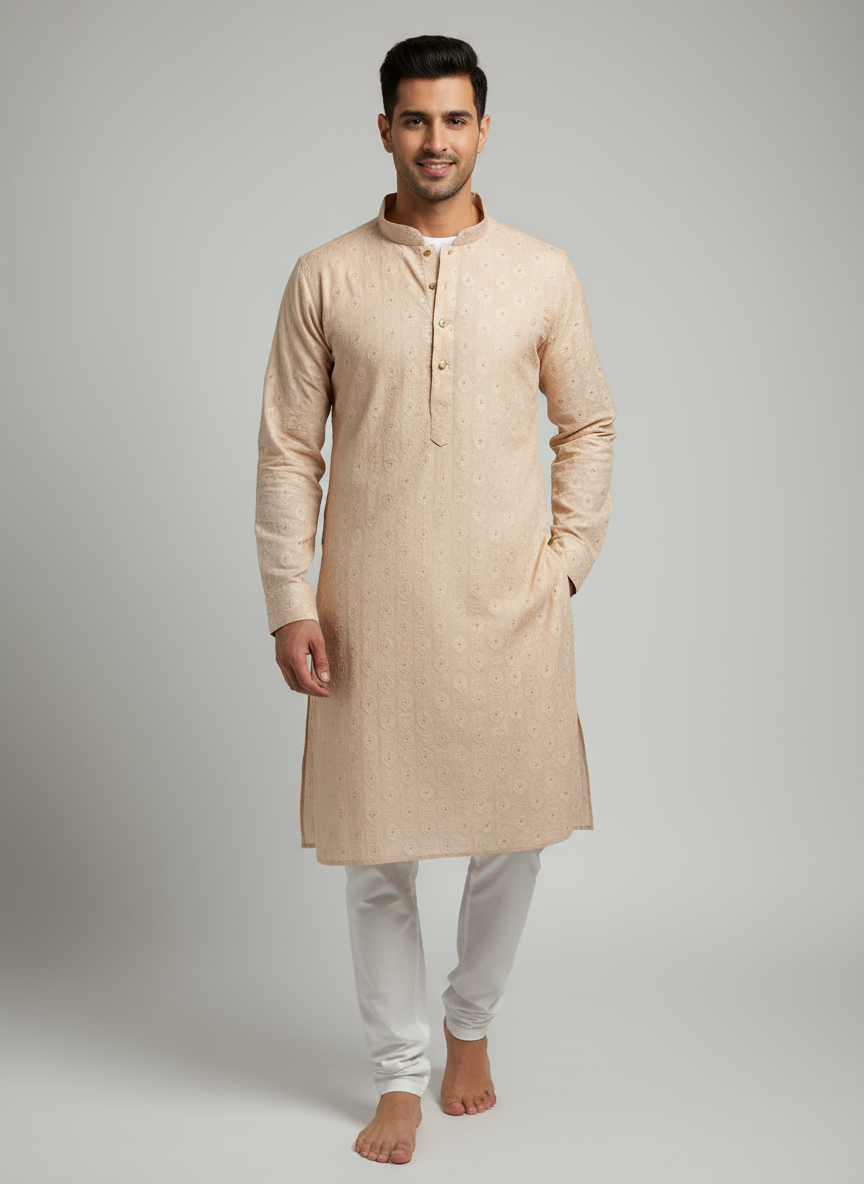 Model wearing Chikankari kurta with white pajama and T-shirt