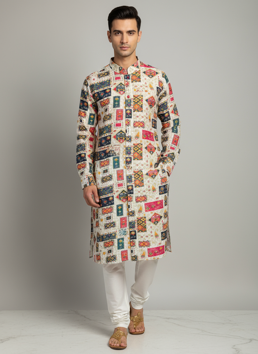 Model wearing colorful patchwork print kurta with white pajama