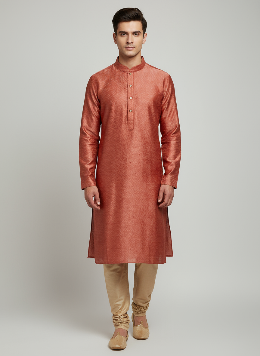 Model wearing coral embroidered kurta with beige pajama