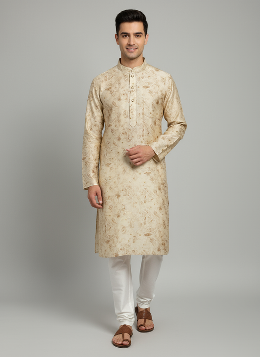 Model wearing cream embroidered kurta with white pajama