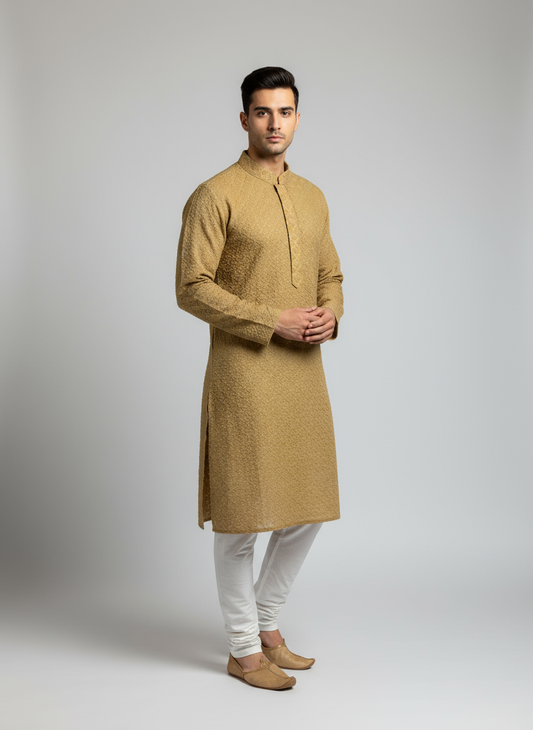 Model wearing golden beige Chikankari kurta with white churidar