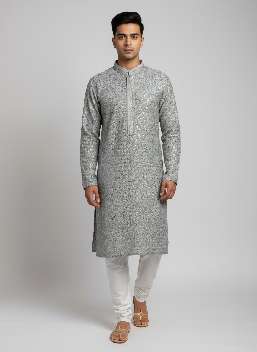 Model wearing grey silver sequin kurta with white churidar