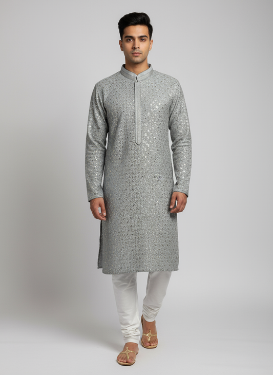 Model wearing grey silver sequin kurta with white churidar