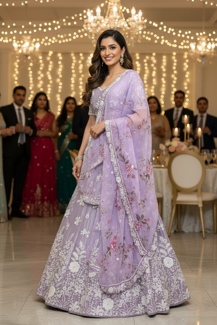 Model wearing lavender lehenga at party