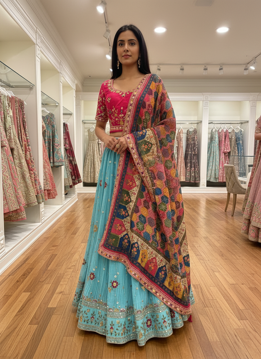 Model wearing lehenga with digital print dupatta