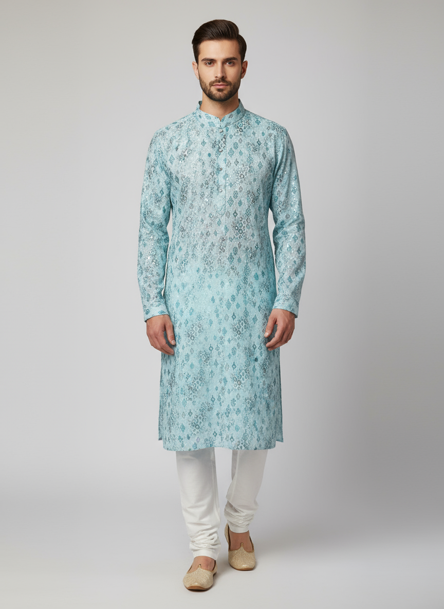 Model wearing light blue aqua geometric print kurta with white pajama