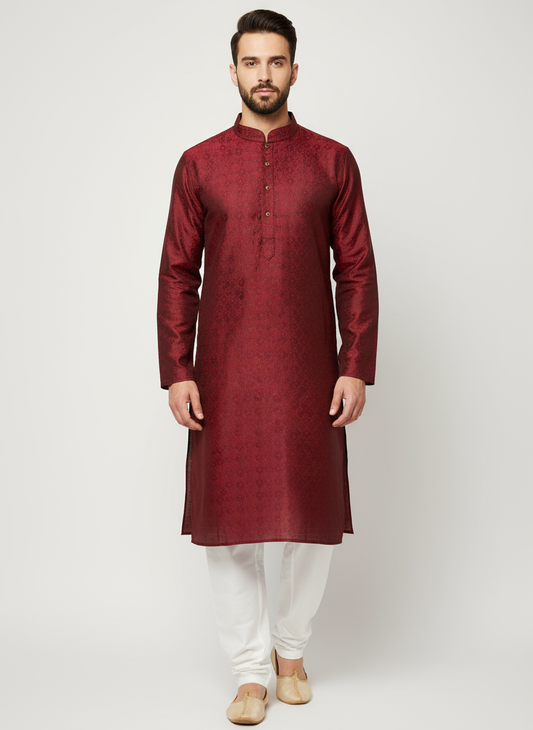 Model wearing maroon burgundy textured kurta with white pajama