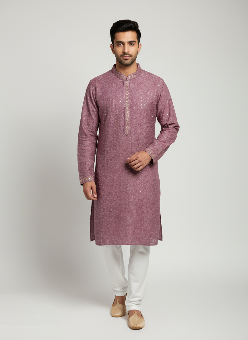 Model wearing mauve embroidered kurta with white pajama