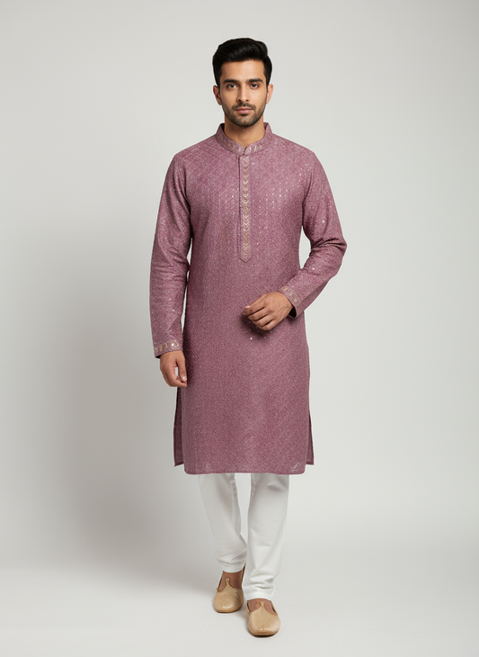 Model wearing mauve embroidered kurta with white pajama