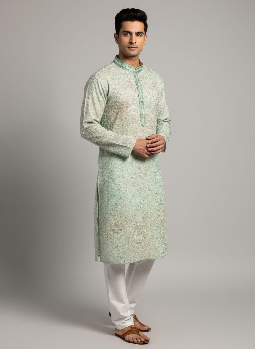 Model wearing mint green embroidered kurta with white pajama