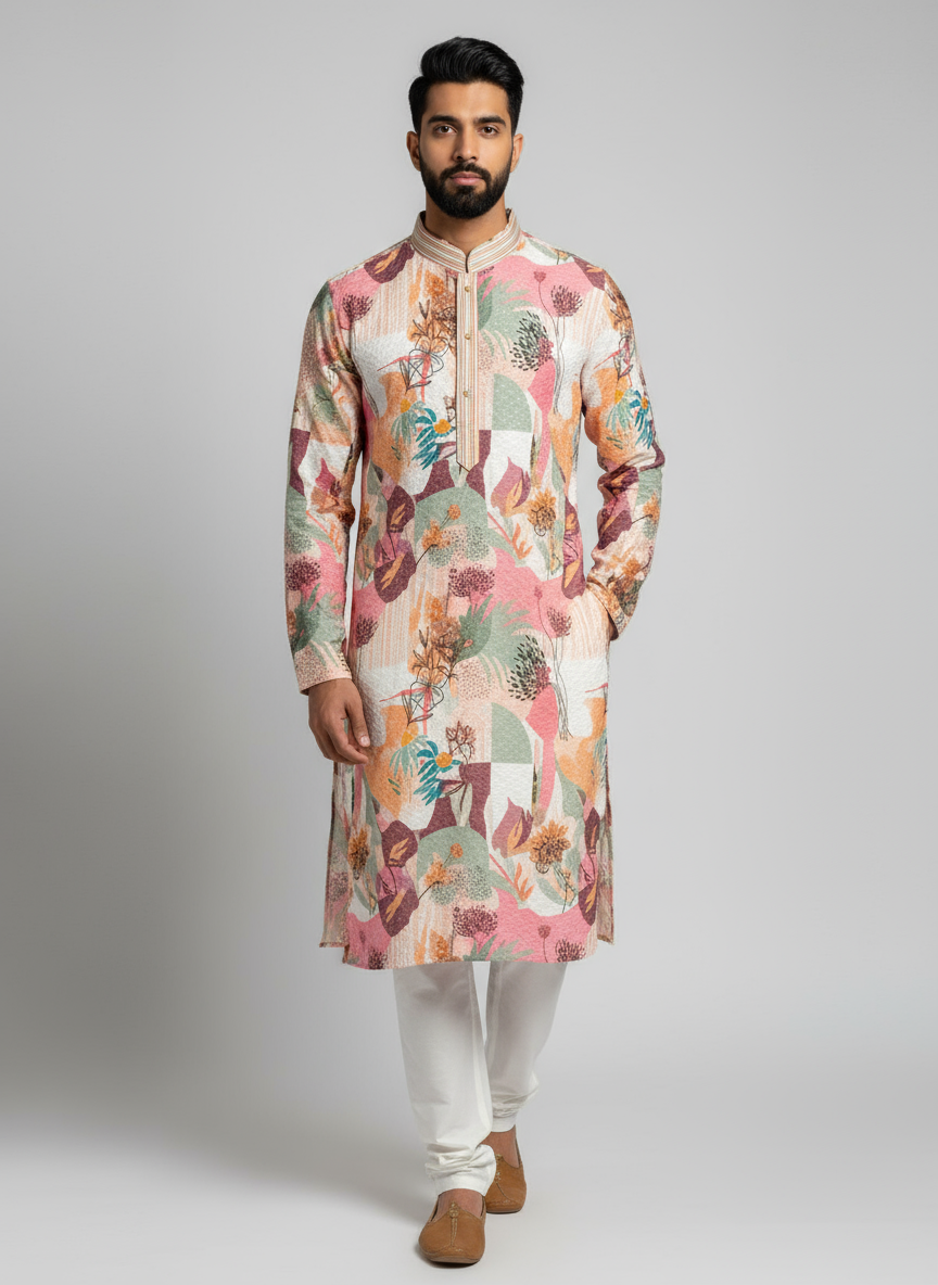 Model wearing multicolor floral print kurta with white pajama