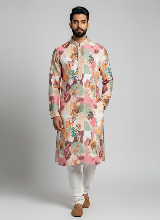 Model wearing multicolor floral print kurta with white pajama