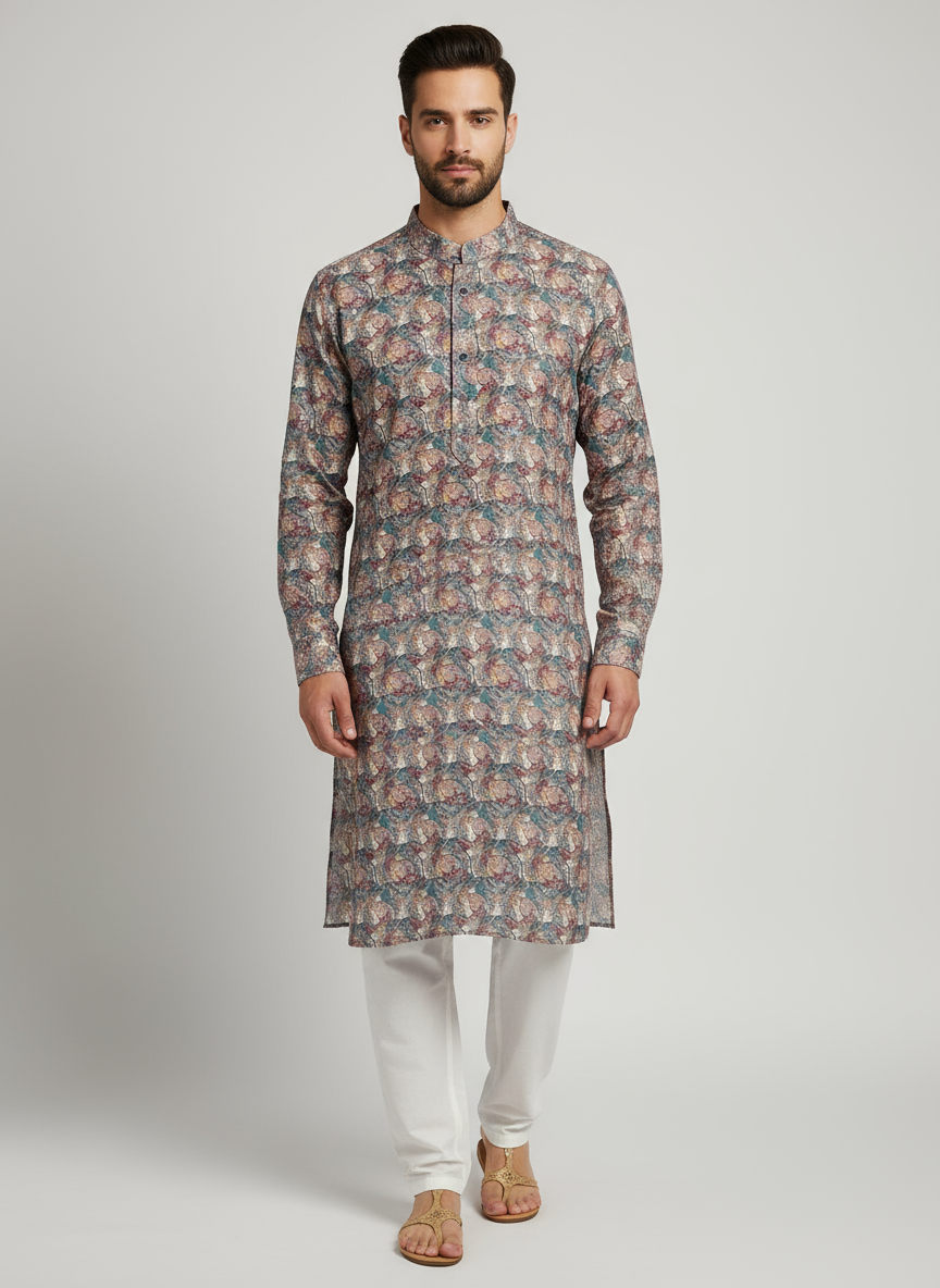 Model wearing multicolor vintage floral print kurta with white pajama