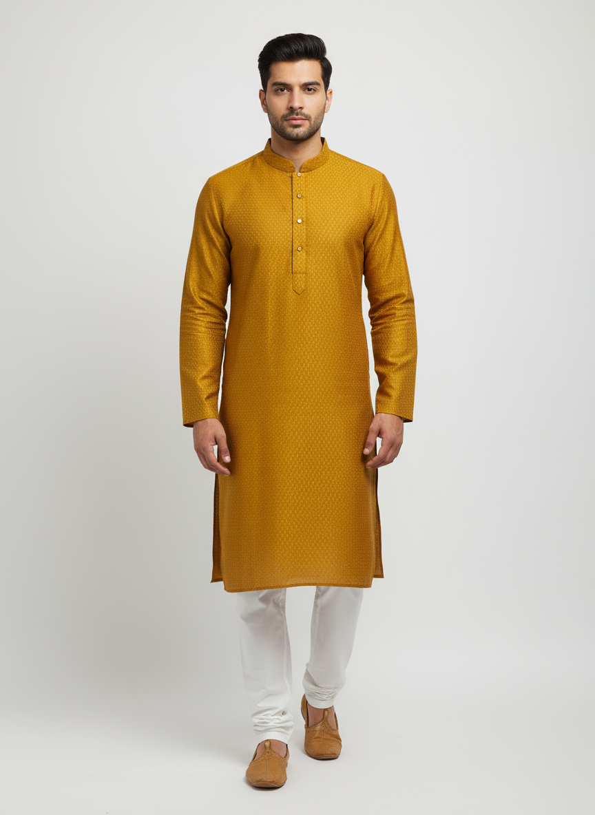 Model wearing mustard golden yellow kurta with white pajama