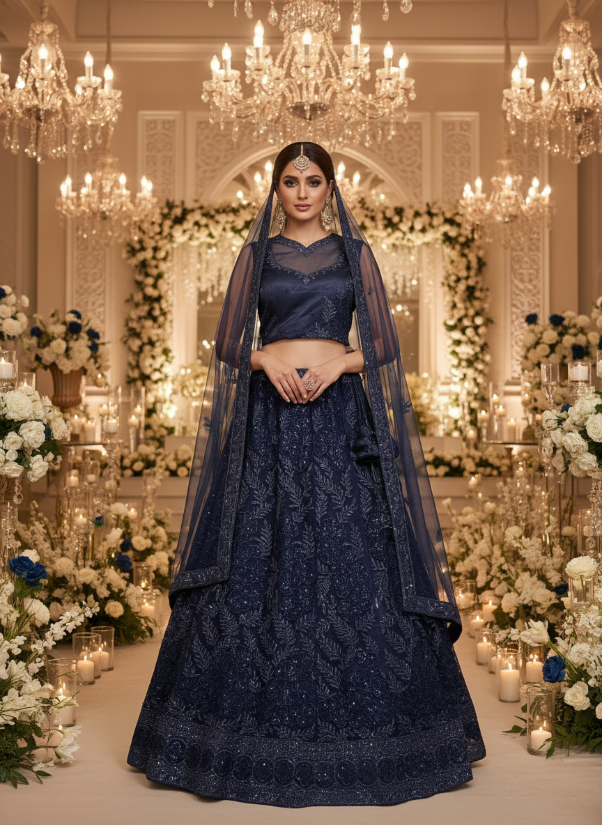 Model wearing navy blue lehenga in wedding setting