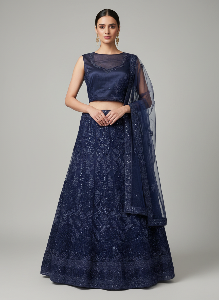 Model wearing navy blue lehenga with detailed blouse